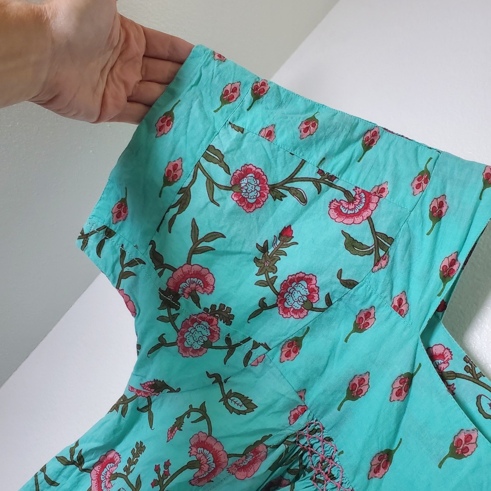 Ivy Jane Turquoise Floral Cotton Smocked Baby Doll Blouse Top 6 Women's Size M - Picture 5 of 8